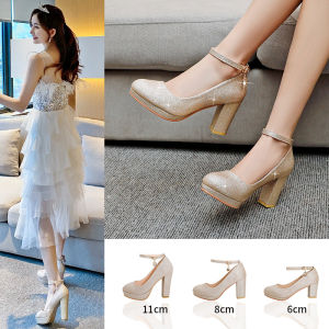 Crystal High Heel Wedding Shoes Waterproof Platform Bride Shoes Champagne Color Maids Shoes Thick Heel Performance Party Shoes