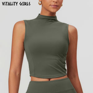 Vitality Girls Yoga Fitness Vest Womens Sport Top High Collar Belly Baring Slimming Design with Chest Pad Breathable Moisture Wicking Nylon