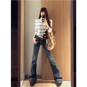 Low Waist Bell Bottom Denim Jeans Womens Stretchy Fitted Ankle Length Pants Retro Blue High Rise Extra Long Horse Hoof Jeans
