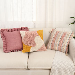 BUYNOW PinkTufted Woven Striped Lace Pillowcase Cute Pink Rural Bohemia Pillow Cover Home Living Room Sofa Bedroom Decor