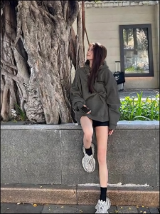 [Womens Retro Letter Print Hooded Sweatshirt]เสื้อสเวตเชิ้ตมีฮู้ดเชือกผูกพิมพ์ลายตัวอักษรสไตล์อเมริกันสตรีทสำหรับผู้หญิง