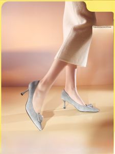 Paris Dinner Retro Pointed Toe รองเท้าส้นสูงสีเทา ผู้หญิง รองเท้าเดินทางรองเท้าเดี่ยว ทันสมัย ลำลอง หนัง รองเท้า