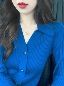 Klein Blue Lapel Knitting Cardigan Women Western Style Slim Fit Fall Inner Bottoming Sweater Stylish Niche Top