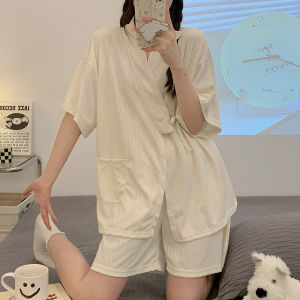 ชุดนอนผู้หญิงสไตล์ญี่ปุ่นฤดูร้อน แขนสั้น ชุดนอนผ้าฝ้าย 2 ชิ้น ลายดอกไม้ กระโปรงสั้น คอกลม สำหรับผู้หญิงไซส์ใหญ่