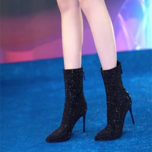 Elegant European Style Wedding Party High Heels 2023 Autumn New Design Diamond Pointed Toe Slim Boots for Youth