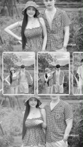 TW22558 set คู่รัก เสื้อเชิ้ตลายสก็อตกระเป๋าปัก อมยิ้ม + เสื้อสายเดี่ยวผูกไหล่ กับหมวก ..