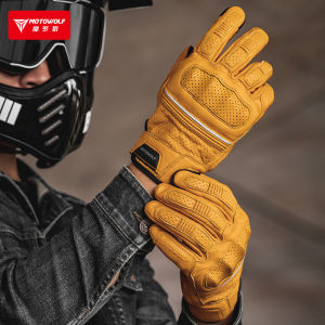 Summer Motorcycle Gloves For Man Women Full Finger Breathable Leather Vintage Gloves Motorcycle Motocross Yellow Brown Black Motowolf