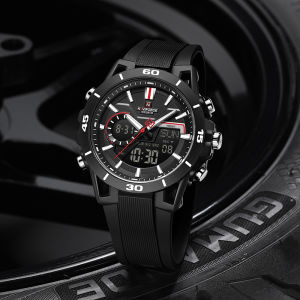 NAVIFORCE Original Mens Dual Time Watch Luminous Pointer Calendar Date LCD Display Chronograph Lightweight Silicone Strap 50m Waterproof Mens Outdoor Sports Leisure Multifunctional Watch NF7135