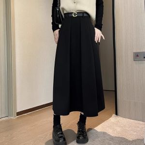 High Waist A-Line Midi Skirt Womens Woolen Half-length Slimming Pleated Skirt plus Size Korean Style Commute Pure Color