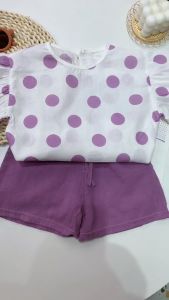 ชุดสาวฤดูร้อน แขนสั้นลายจุด กางเกงขาสั้นลำลอง ชุดสูทสองชิ้นของใหม่สำหรับเด็กผู้หญิง