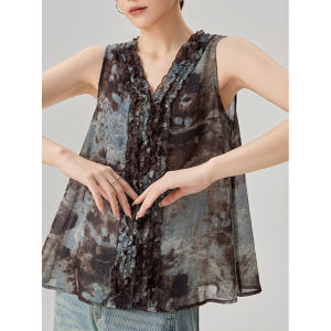 GULILI | Summer Vacation Style Floral Printed V-neck Ruffled Peplum Sleeveless Vest