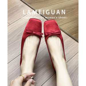 New Chinese Style Retro Low Cut Flat Womens Shoes Red Wedding Shoes Square Head Ballet Flat Bottom Fashionable Butterfly Knot