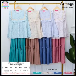 COD Setelan Atasan Blus Lengan Panjang Motif Dan Rok Linen Anak Perempuan 10-14T Anasyaa Set