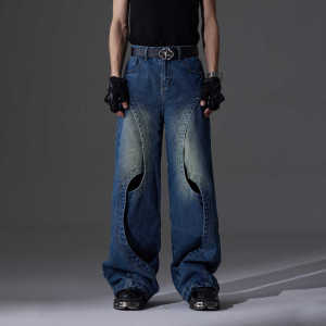 Retro Washed Hollow out Cat Jeans Loose Straight Leg Long Trousers Original Design Island Style Cotton Denim Casual Pants