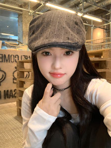 Retro Japanese Stripe Beret Hat Women Summer Thin Large Head Size Face Slimming Spring Autumn Winter Casual Style round Top