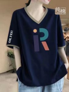 Loose Fit Pure Cotton V-Neck Short Sleeve T-Shirt Womens Summer New Style plus Size Korean Fashion Printed Geometric Pattern Top