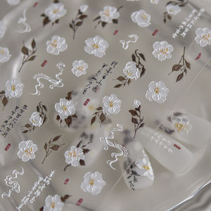 Retro White Camellia Nail Art Sticker 3D Relief White Flower Design Nails Decorations Sticker for DIY Back Glue Manicure Decals