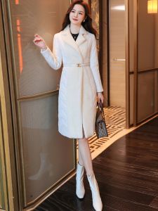 MUBEELE | White Cotton Blend Coat Womens Mid-Length Waist-Cinching Patchwork Winter Fashion Commute Style Thickened Long Sleeve Coat