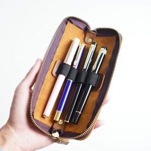 Simple Cowhide Zipper Pencil Case Mens Pen Protective Case Portable Stationery Bag Storage