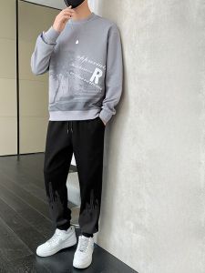 ROMON | Romon Mens Casual Sportswear Set Spring Autumn New Print Round Neck Sweatshirt Long Sleeve T-shirt Long Pants Two-piece Set