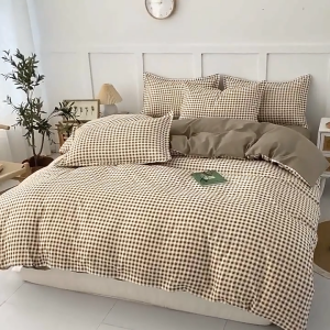 Soft Skin-Friendly 4 in 1 Bedding Set Small Plaid Warm Tone Checkered Bed Linen with Duvet Cover Sheet Pillowcases for Bedroom Homestay Dorm