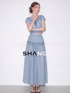 SHANGSHA | Navy Style French Elegance Linen Dress Set