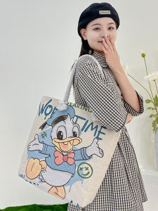 Large Capacity Embroidered Canvas Bag Womens Single Shoulder Zipper Casual Handbag Cartoon Design Fashionable Shopping Bag
