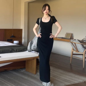 Elegant Slimming Black Short Sleeve Backless Dress Womens Summer High-End Long Dress 2025 New Style A-Line Pure Color