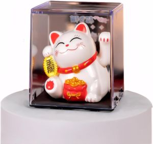 White Solar Maneki Neko | Waving Lucky Cat Figurine | Miniature Home Decor | Solar-Powered Energy-Saving | Perfect Gift