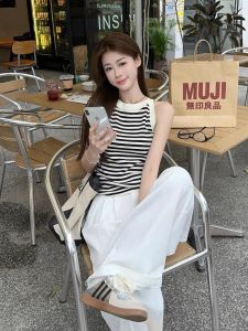 Retro Striped Neck Hanging Knitted Vest Womens Slim Fit Short Sleeveless Top Fashionable Commute Style Pure Color Summer Wear