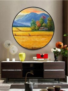 Round Wheat Field Harvest Landscape Hand Painted Oil Painting Hanging Painting Decorative Painting Landscape Idyllic Rice Field Modern Living Room Dining Room Entrance