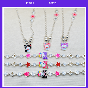 FLORA 0611D - Set bạc ta dây chuyền lắc tay hình Kuromi màu đen hồng tím dành cho bé gái