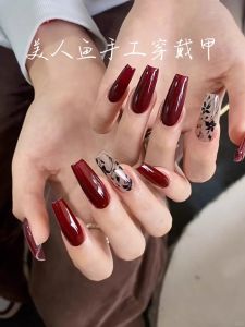 Autumn Winter New Handmade Detachable Wedding Nail Art Wine Red Maple Leaf Design Wearing Nails Easy to Wear And Remove