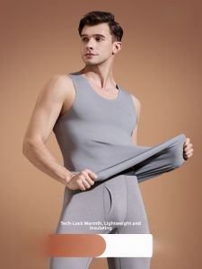 Miiow | Mens Thermal Vest Set Fleece Lined Base Layer Warmth Inner Wear Autumn Winter Clothing Long Pants Round Neck Solid Color