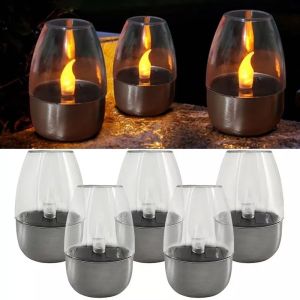 [Timmo House]Creative Solar Stainless Steel Glass LED Candle Lights Romantic Flameless Flickering Smokeless Outdoor Garden Candle Lamp for Wedding Birthday Party Decoration