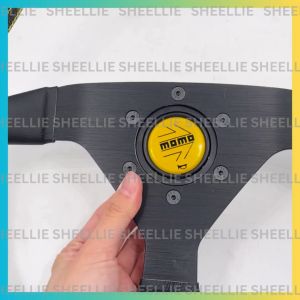 Universal 14 Inch MOMO Steering Wheel Flat MOMO Yellow Button High Quality Leather Yellow Lining Fast Shipping