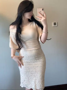 Slim Fit Knitted Shirt with Bell Sleeves for Women Elegant Casual Style White T-Shirt Shoulder Baring Top Summer Wear