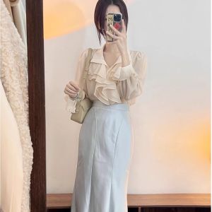 Blue High Waist A-Line Mini Skirt Womens Summer Autumn Thin Acetate Satin Wrap around Skirt Elegant Fish Tail Skirt