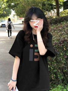 Black Heavy Weight Pure Cotton Short Sleeve T-Shirt Womens Shoulder Summer Stylish Niche Style Loose T-shirt Belly Covering Top Clothes