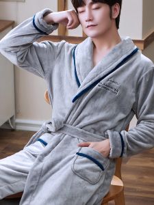 Thick Coral Fleece Robe for Men Autumn Winter Spring Style Morning Robe Flannel Set Bath Robe Long Coat Youth Polyester Fiber