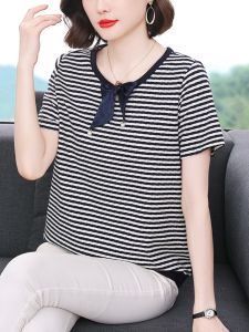 Áo Thun Cotton Tay Ngắn Cổ Tròn Họa Tiết Sọc Màu Xanh Trắng Thời Trang Mùa Hè Cho Phụ Nữ Trung Niên Mẹ Phong Cách Mới 2024