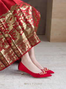 Miss Found Red Embroidered Wedding Shoes Low Heel Womens Foot Comfortable High Heels for Drinking Ceremony New Bride