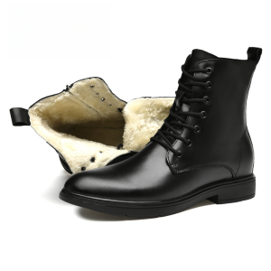 High-Top Mens Business Leather Boots with Side Zipper Warm Fleece Motorcycle Style Casual Cotton Rubber Outsole Boots