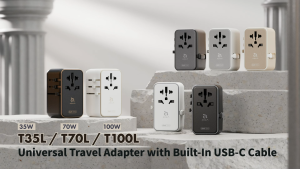 ADAM elements T35L | T70L | T100L | 35W | 70W | 100W Universal Travel Adapter with Built-In USB-C Cable (US/EU/UK/AU Plugs)