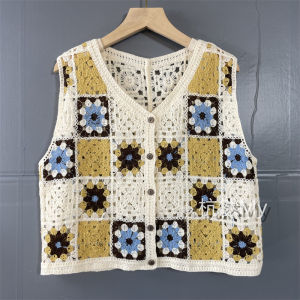 Summer Floral Knitted Short Open Cardigan Womens Loose Hollow out Knit Vest Sleeveless Tank Top Layering Clothing
