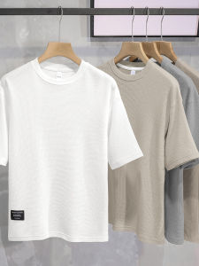 Heavyweight Waffle Short Sleeve T-Shirt Mens Summer Trend Loose Five-Quarter Sleeve round Neck Solid White Top Youth Vitality