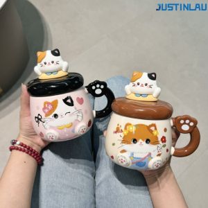 JUSTINLAU Ceramic Cup with Lid and Spoon Cute Mug Suitable for Couples Large Capacity Household Breakfast Cup Cups and Mugs