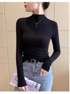 Black Half High Collar Knitted Long Sleeve Base Shirt Womens Spring Autumn New Style Inner Wear T-Shirt Ribbed Knit Top