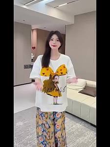 Summer New Womens Short Sleeved Sleepwear Home Suit Set Cartoon Pullover Loose Lazy Style Sleepwear Home Suit Two-Piece Set