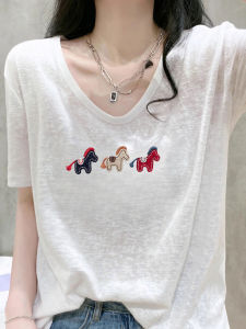 YOUROUPING | Bamboo Knit Summer Lightweight T-Shirt V-Neck Cartoon Print White